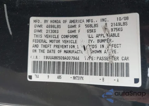 2009 Acura Tl 3.5 from USA, damaged, VIN 19UUA86509A007944